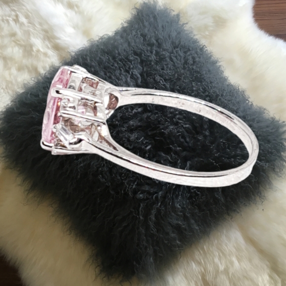 .Pink Sapphire Sterling Silver Ring with 3 CZ Stones on Each Side - Picture 2 of 6